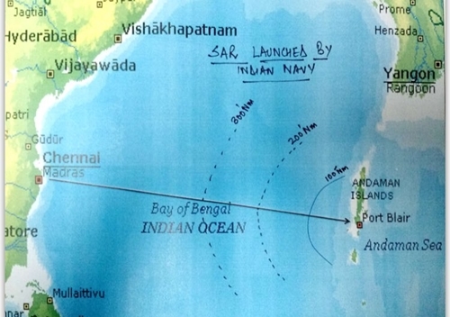 Đường bay của phi cơ AN-32 mất tích. Đồ họa: Indian Navy.