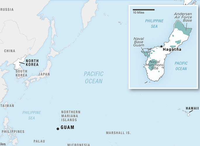 Vị trí Guam và các căn cứ của Mỹ trên đảo. Đồ họa: NPR