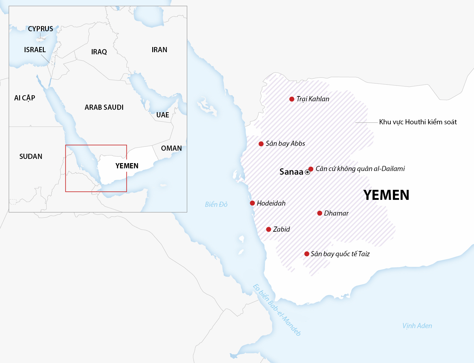Các khu vực tại Yemen bị Mỹ, Anh tập kích ngày 12/1 (chấm đỏ). Đồ họa: CNN, AFP