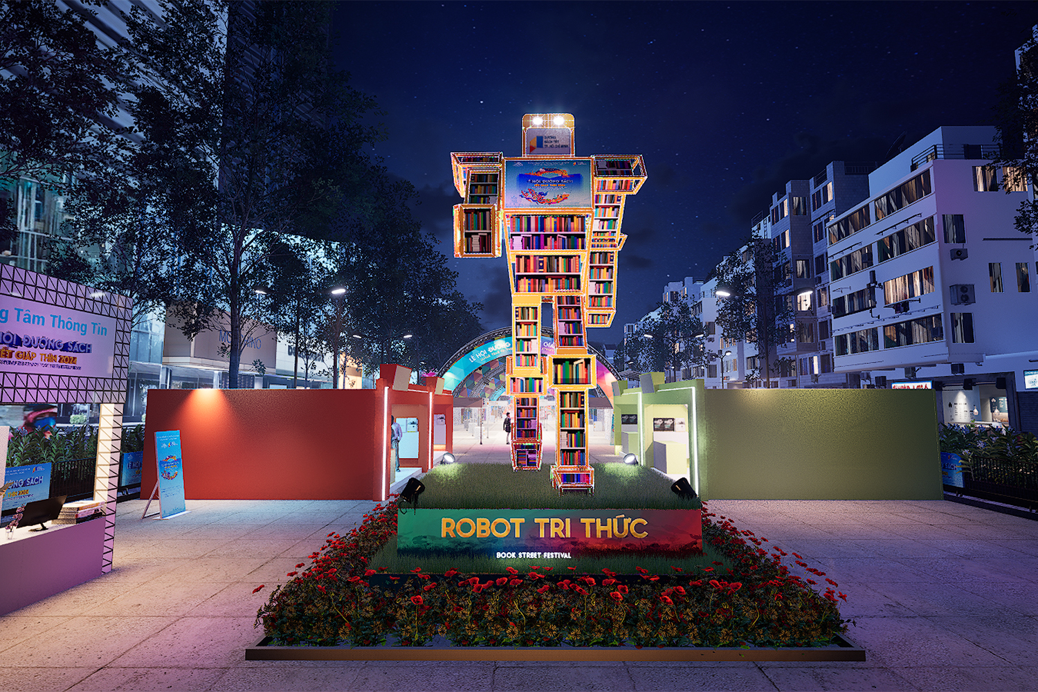 Mô hình robot bằng sách cao bảy mét chào đón du khách đến sự kiện.