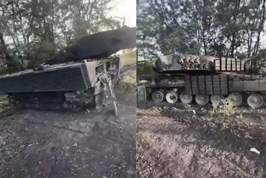 Xe tăng Leopard 2A4 trang bị ERA của Ukraine bị bắn hỏng hồi tháng 9/2023. Ảnh: Army Recognition